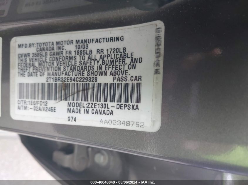 2004 Toyota Corolla S VIN: 2T1BR32E94C229328 Lot: 40048049