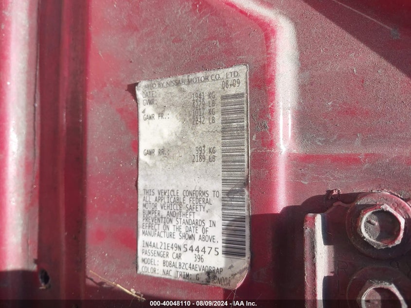 2009 Nissan Altima 2.5 S VIN: 1N4AL21E49N544475 Lot: 40048110