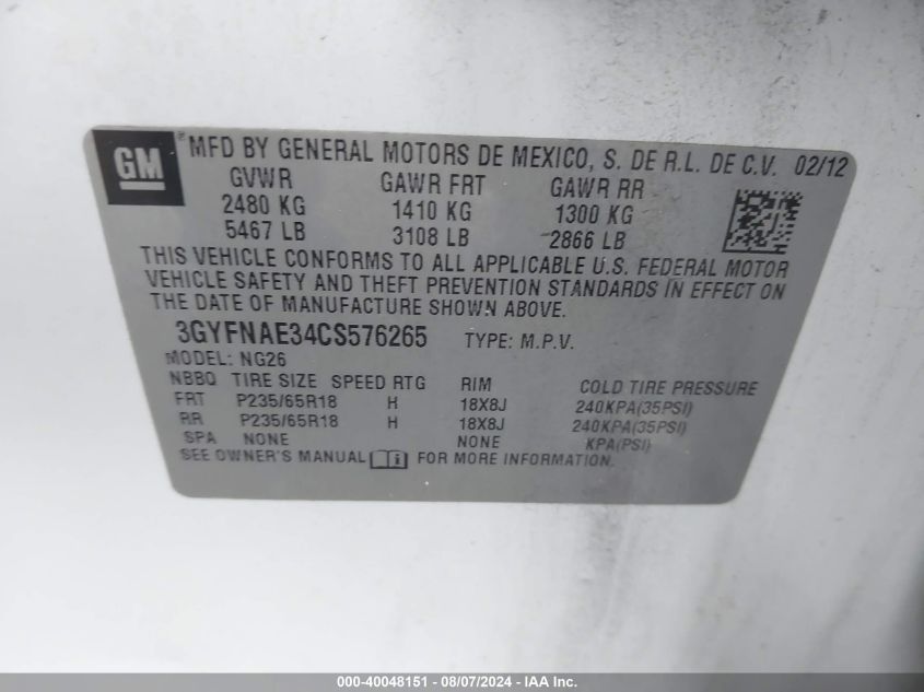 2012 Cadillac Srx Luxury Collection VIN: 3GYFNAE34CS576265 Lot: 40048151