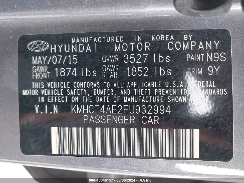 2015 Hyundai Accent Gls VIN: KMHCT4AE2FU932994 Lot: 40048157