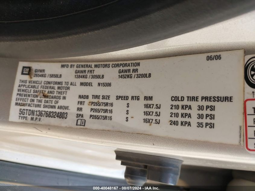 2006 Hummer H3 Suv VIN: 5GTDN136768324803 Lot: 40048167