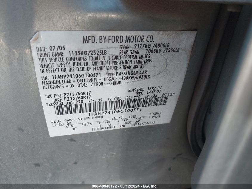 2006 Ford Five Hundred Sel VIN: 1FAHP24106G100571 Lot: 40048172