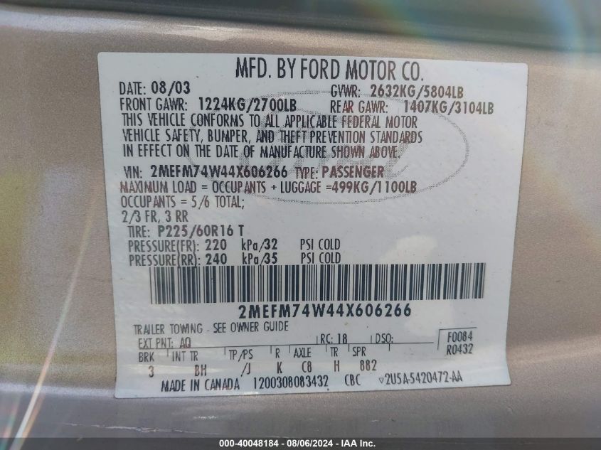 2004 Mercury Grand Marquis Gs VIN: 2MEFM74W44X606266 Lot: 40048184