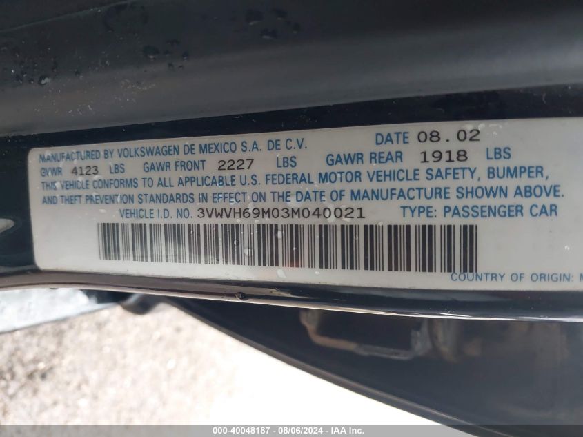 2003 Volkswagen Jetta Gli VIN: 3VWVH69M03M040021 Lot: 40048187