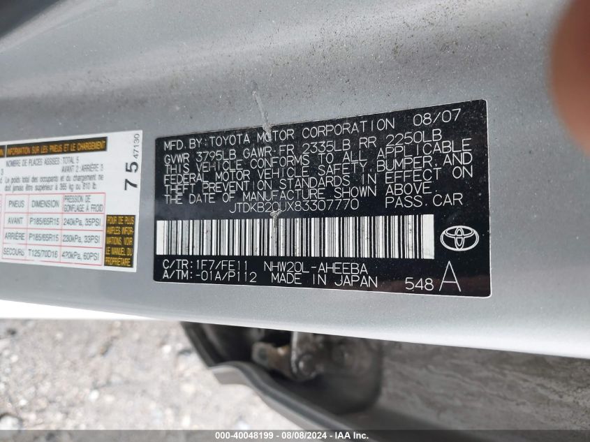 2008 Toyota Prius VIN: JTDKB20UX83307770 Lot: 40048199