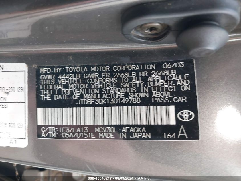 2003 Toyota Camry Le/Xle VIN: JTDBF30K130149788 Lot: 40048217