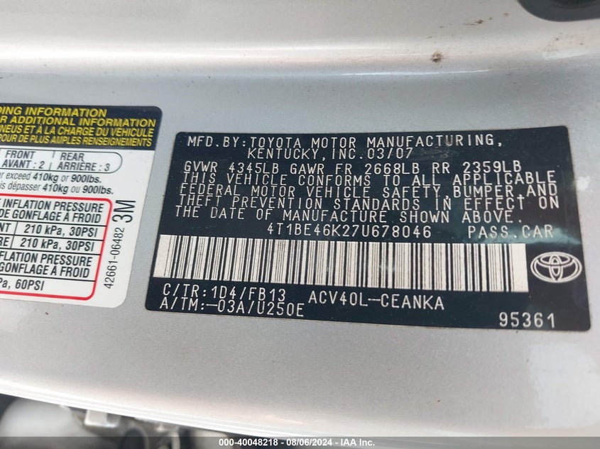 2007 Toyota Camry Le VIN: 4T1BE46K27U678046 Lot: 40048218