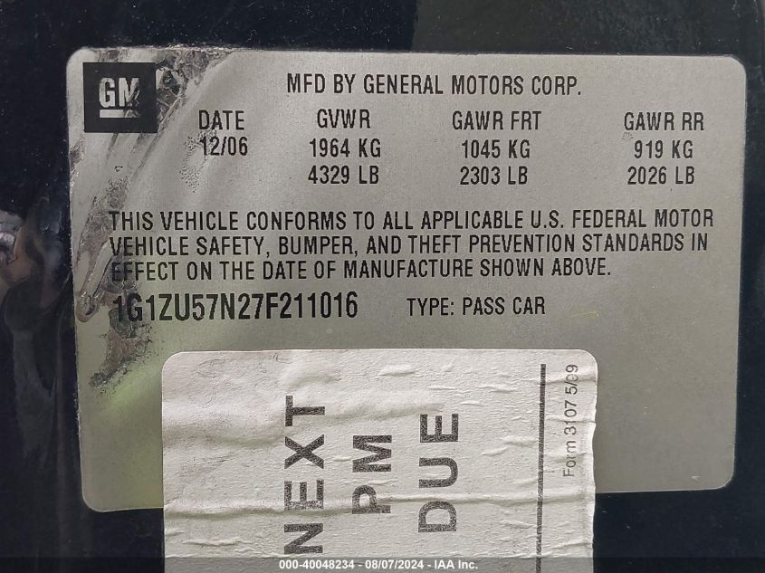 2007 Chevrolet Malibu Ltz VIN: 1G1ZU57N27F211016 Lot: 40048234