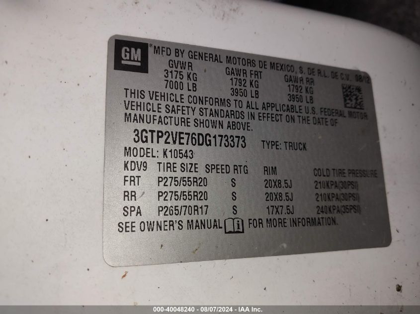 2013 GMC Sierra 1500 K1500 Sle VIN: 3GTP2VE76DG173373 Lot: 40048240