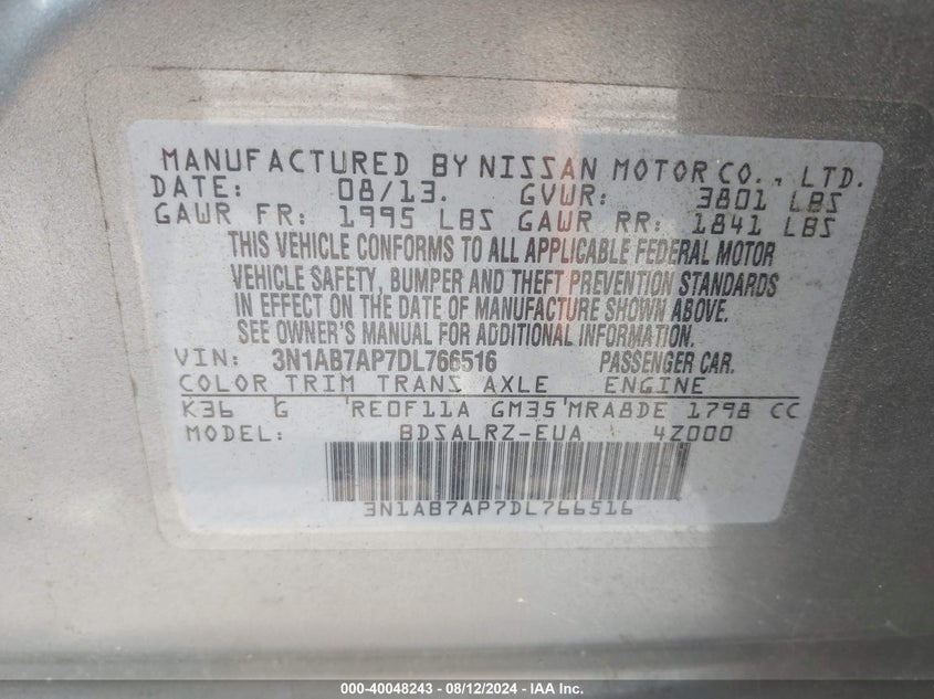 2013 Nissan Sentra Sr VIN: 3N1AB7AP7DL766516 Lot: 40048243