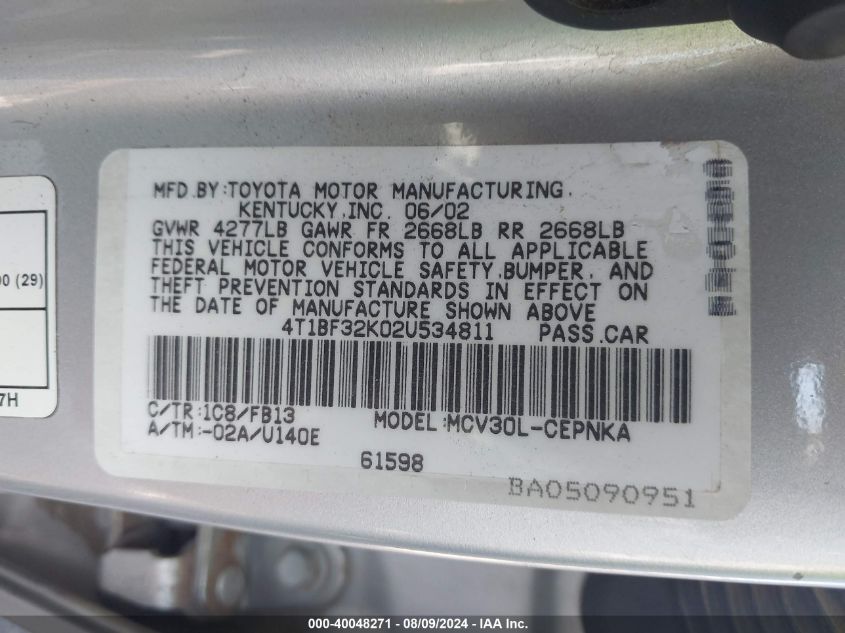 4T1BF32K02U534811 2002 Toyota Camry Le V6