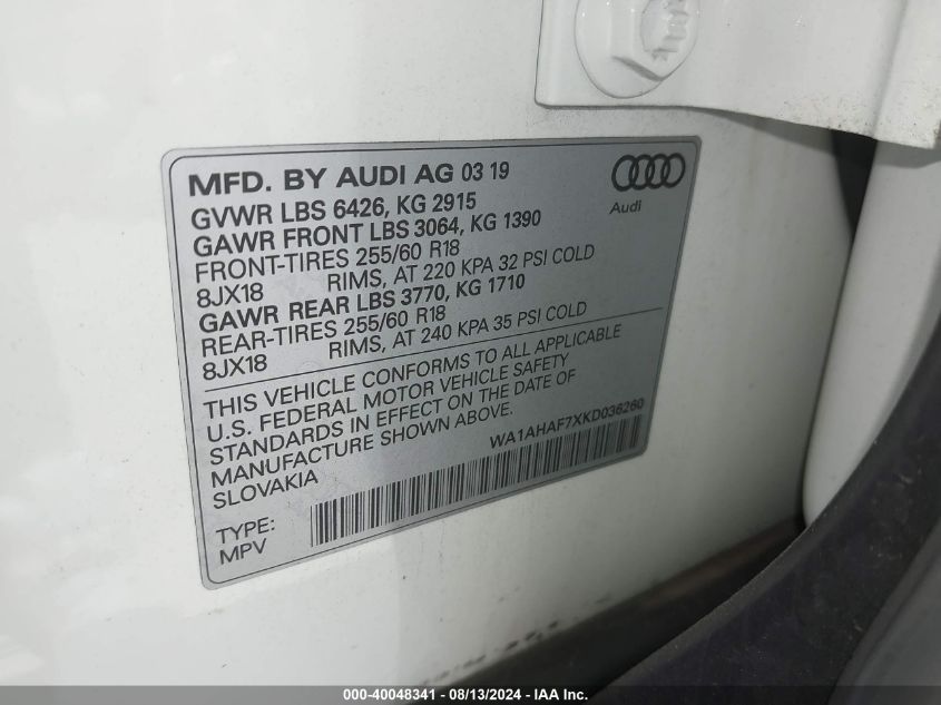 WA1AHAF7XKD036260 2019 Audi Q7 45 Se Premium/Premium