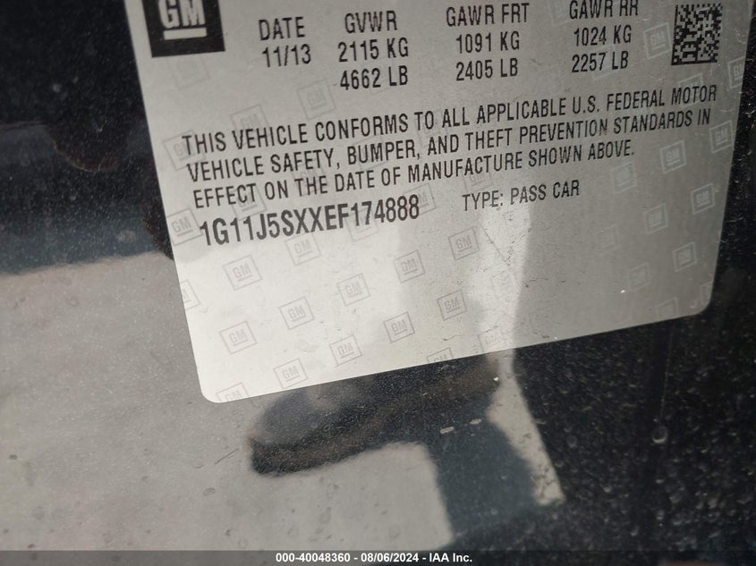 2014 Chevrolet Malibu 2Lz VIN: 1G11J5SXXEF174888 Lot: 40048360