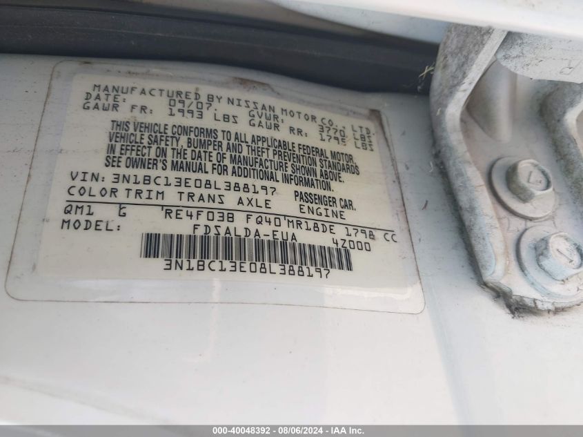 2008 Nissan Versa S/Sl VIN: 3N1BC13E08L388197 Lot: 40048392