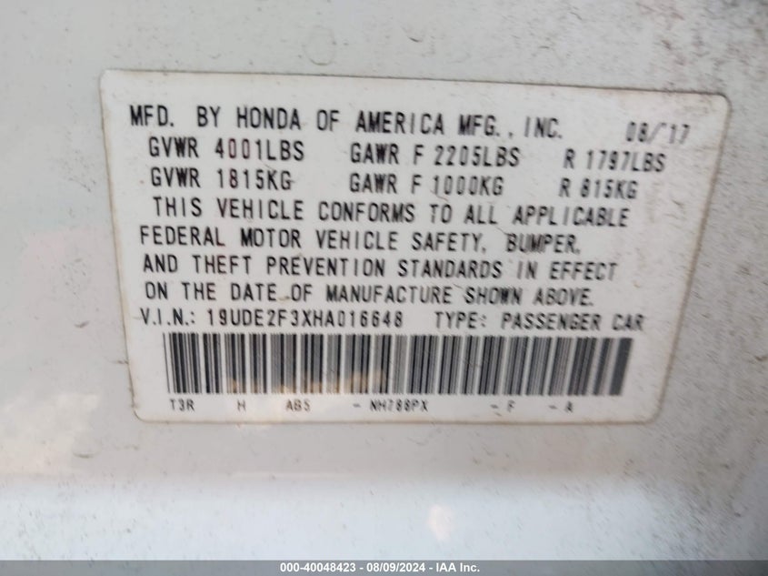 VIN 19UDE2F3XHA016648 2017 ACURA ILX ACURAWATCH PLUS PACKAGE