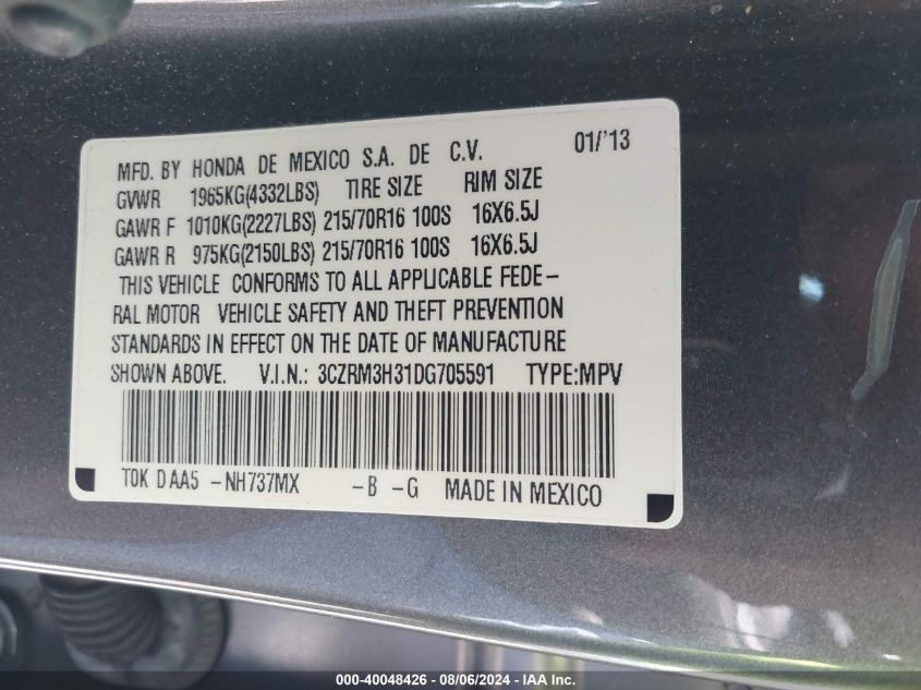 2013 Honda Cr-V Lx VIN: 3CZRM3H31DG705591 Lot: 40048426