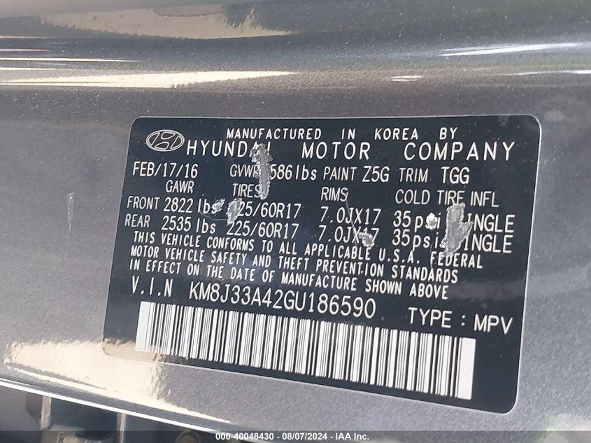 2016 Hyundai Tucson Se VIN: KM8J33A42GU186590 Lot: 40048430