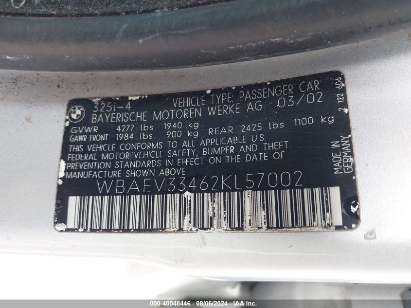 2002 BMW 325 I VIN: WBAEV33462KL57002 Lot: 40048446