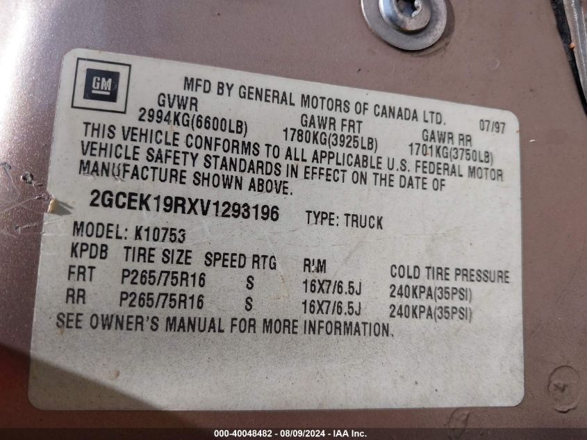 1997 Chevrolet Gmt-400 K1500 VIN: 2GCEK19RXV1293196 Lot: 40048482