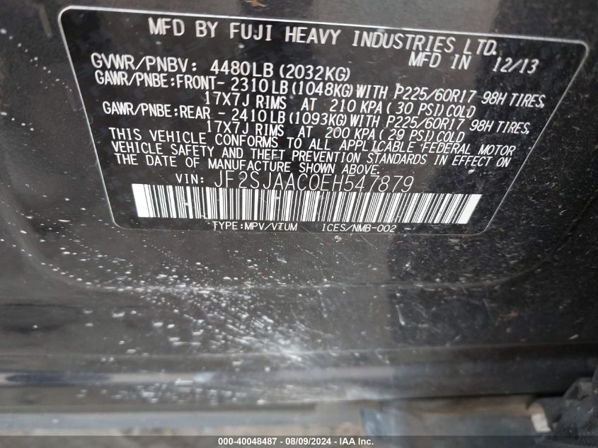 2014 Subaru Forester 2.5I VIN: JF2SJAAC0EH547879 Lot: 40048487