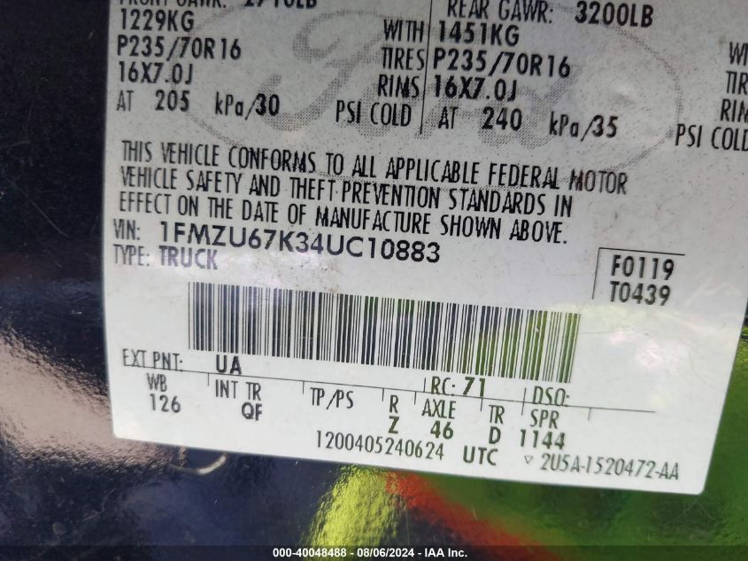 2004 Ford Explorer Sport Trac Adrenalin/Xls/Xlt VIN: 1FMZU67K34UC10883 Lot: 40048488