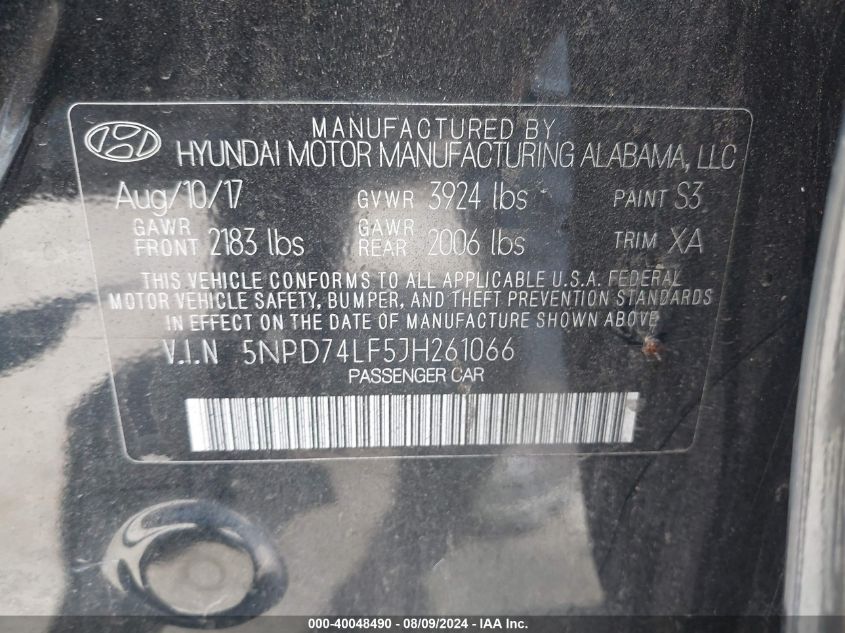 2018 Hyundai Elantra Se VIN: 5NPD74LF5JH261066 Lot: 40048490