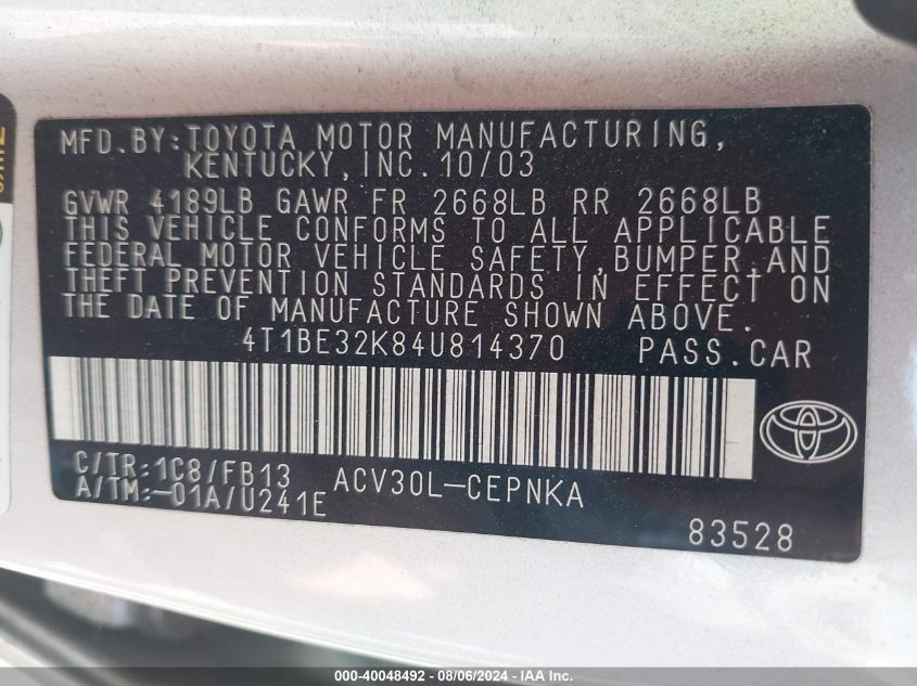 2004 Toyota Camry Le/Xle/Se VIN: 4T1BE32K84U814370 Lot: 40048492