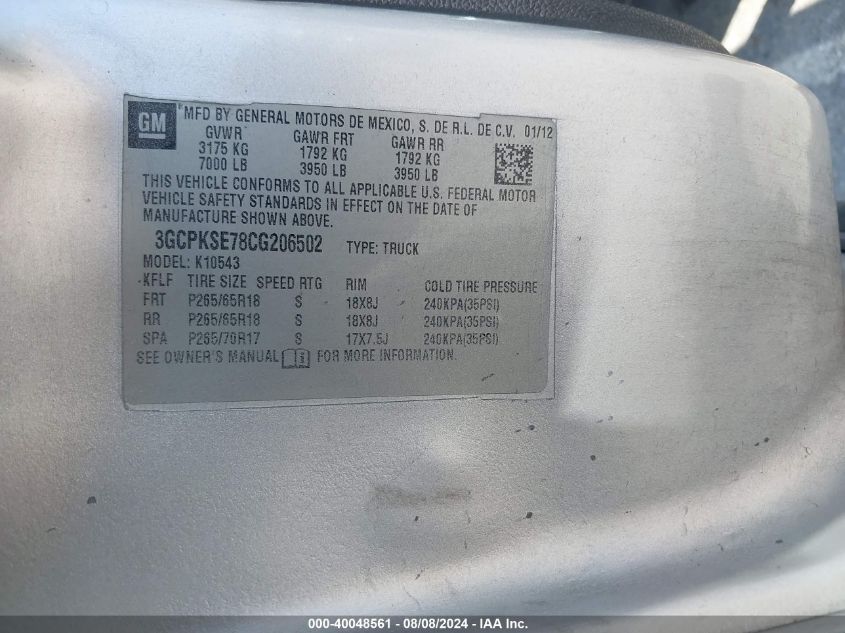 2012 Chevrolet Silverado 1500 Lt VIN: 3GCPKSE78CG206502 Lot: 40048561