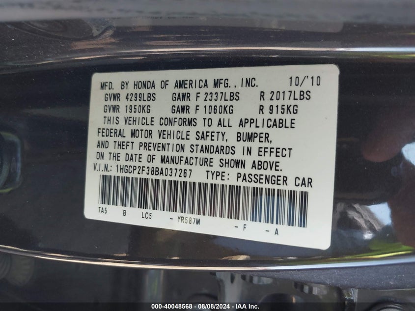 2011 Honda Accord Lx VIN: 1HGCP2F38BA037267 Lot: 40048568