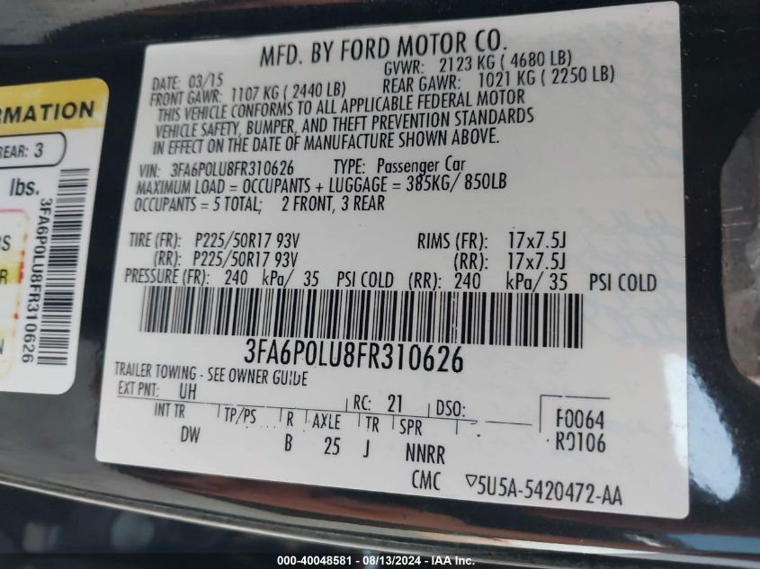 2015 Ford Fusion Hybrid VIN: 3FA6POLU8FR310626 Lot: 40048581