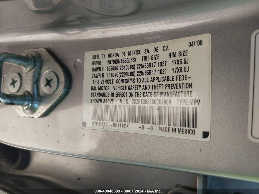 2008 Honda Cr-V Lx VIN: 3CZRE38388G704909 Lot: 40048593