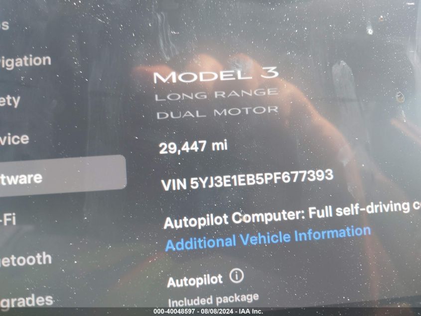 2023 Tesla Model 3 Long Range Dual Motor All-Wheel Drive VIN: 5YJ3E1EB5PF677393 Lot: 40048597