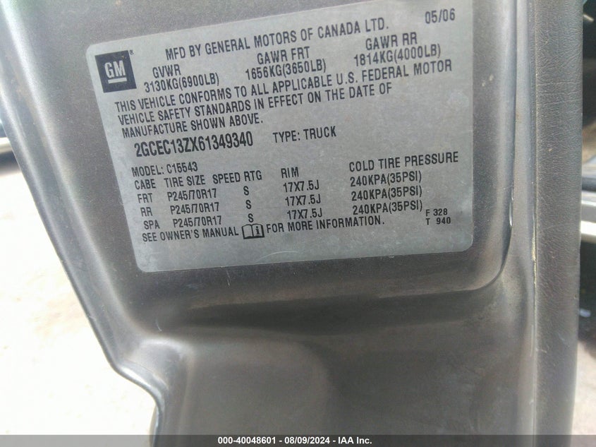 2006 Chevrolet Silverado 1500 Lt1 VIN: 2GCEC13ZX61349340 Lot: 40048601