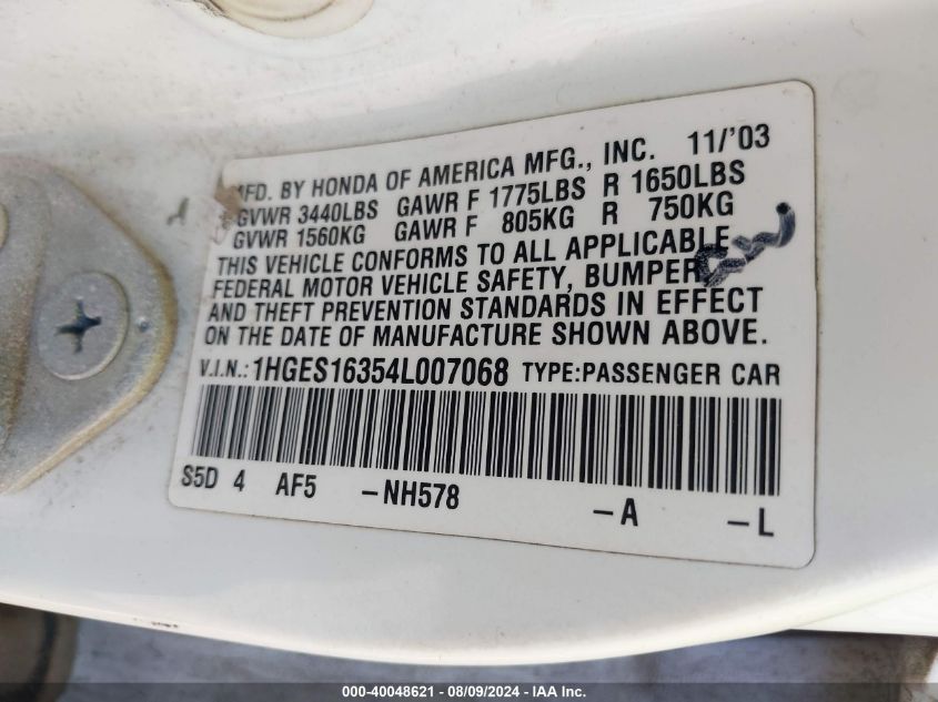 2004 Honda Civic Vp VIN: 1HGES16354L007068 Lot: 40048621