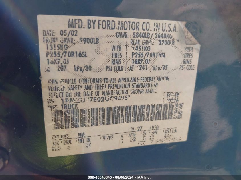 2002 Ford Explorer Sport Trac VIN: 1FMZU77E02UC94951 Lot: 40048645