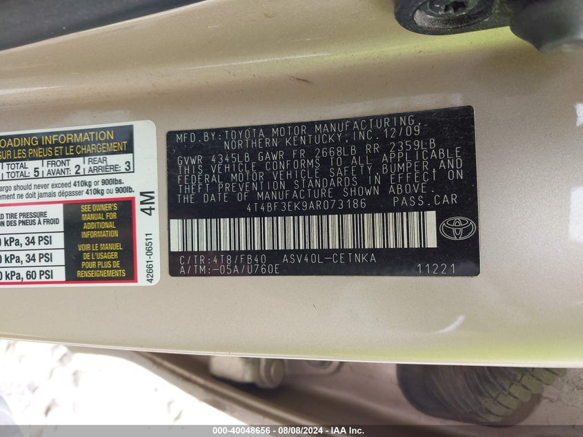 2010 Toyota Camry Le VIN: 4T4BF3EK9AR073186 Lot: 40048656