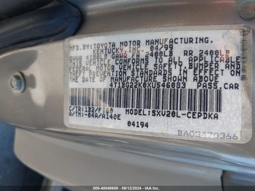 1999 Toyota Camry Ce VIN: 4T1BG22K0XU546083 Lot: 40048658