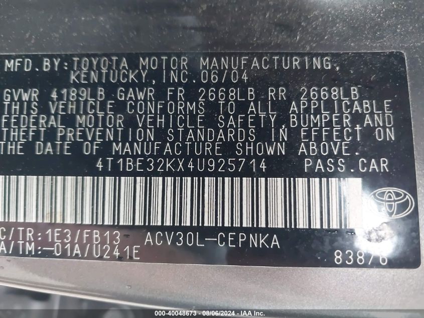 2004 Toyota Camry Le VIN: 4T1BE32KX4U925714 Lot: 40048673