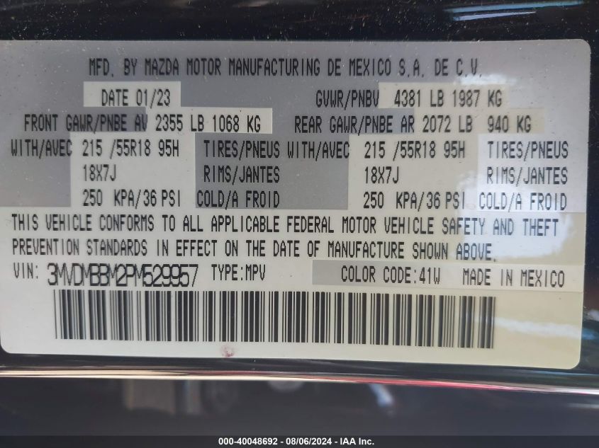 2023 Mazda Cx-30 2.5 S Select VIN: 3MVDMBBM2PM529957 Lot: 40048692