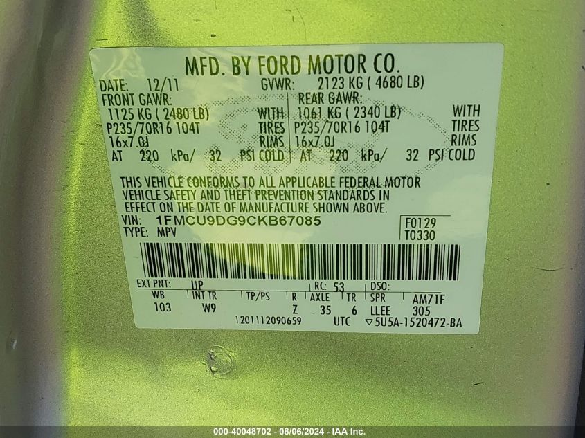 2012 Ford Escape Xlt VIN: 1FMCU9DG9CKB67085 Lot: 40048702