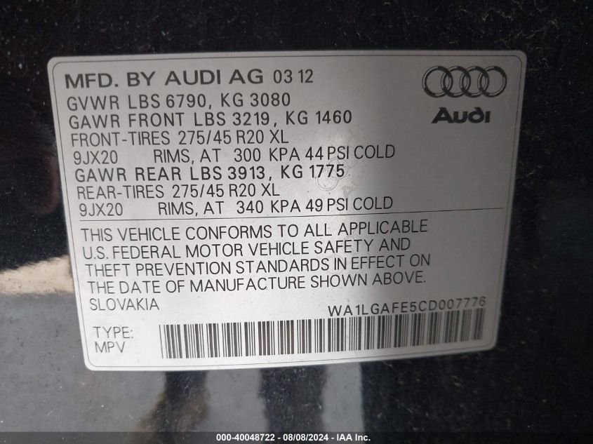 2012 Audi Q7 Premium Plus VIN: WA1LGAFE5CD007776 Lot: 40048722