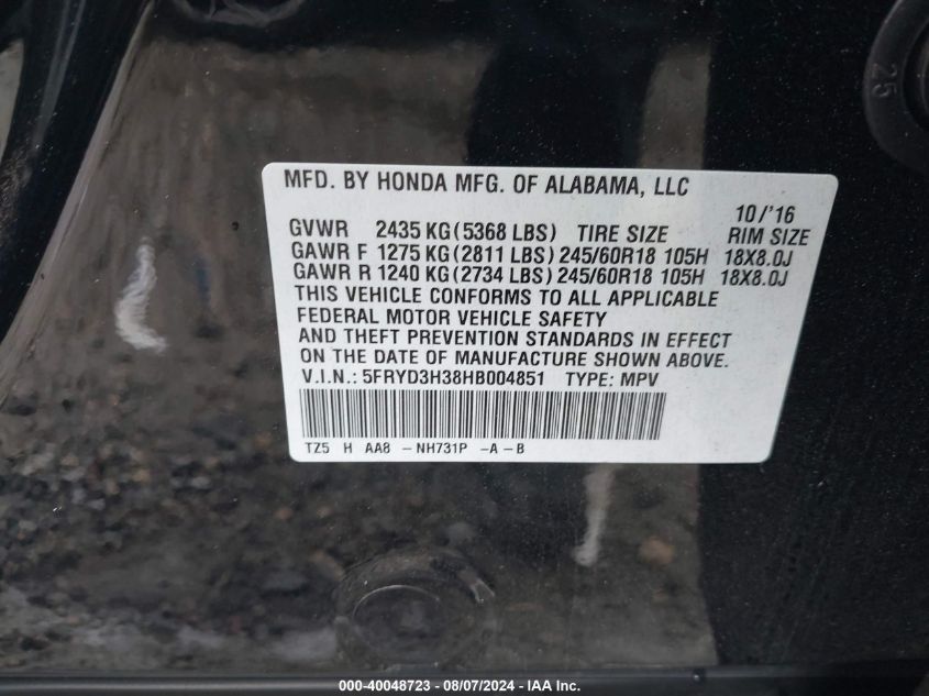 5FRYD3H38HB004851 2017 Acura Mdx