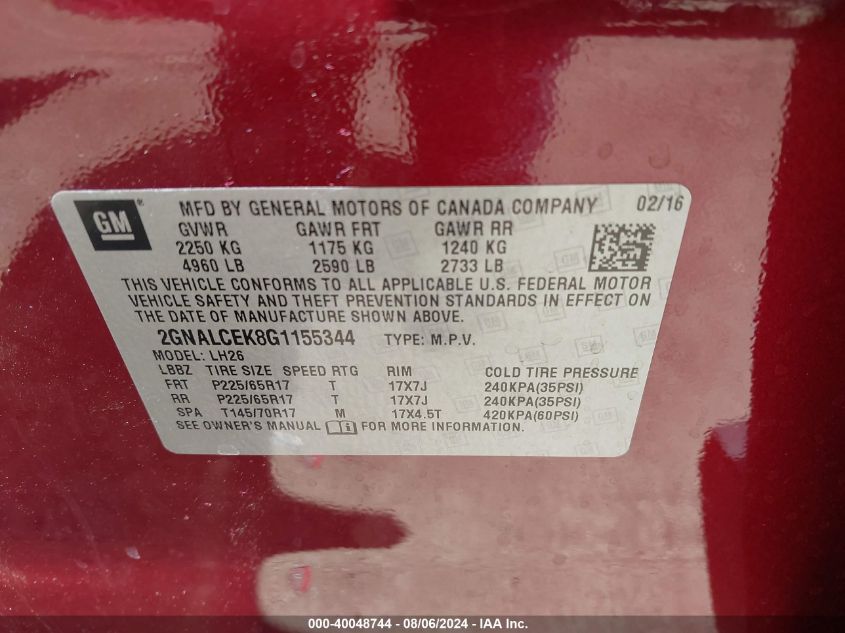 2016 Chevrolet Equinox Lt VIN: 2GNALCEK8G1155344 Lot: 40048744