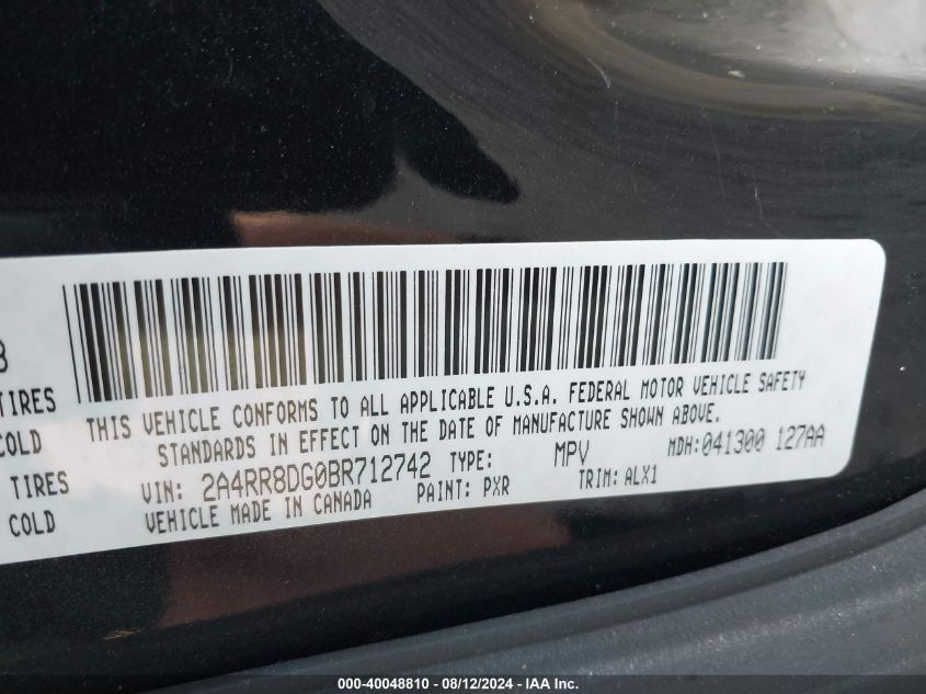 2011 Chrysler Town & Country Touring-L VIN: 2A4RR8DG0BR712742 Lot: 40048810