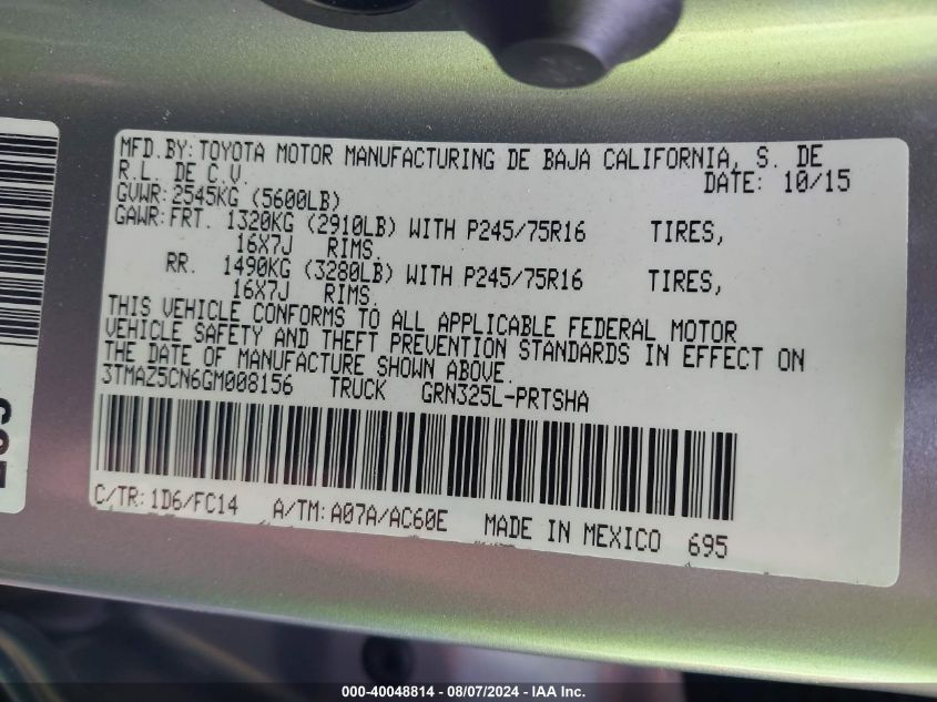 2016 Toyota Tacoma Sr5 V6 VIN: 3TMAZ5CN6GM008156 Lot: 40048814