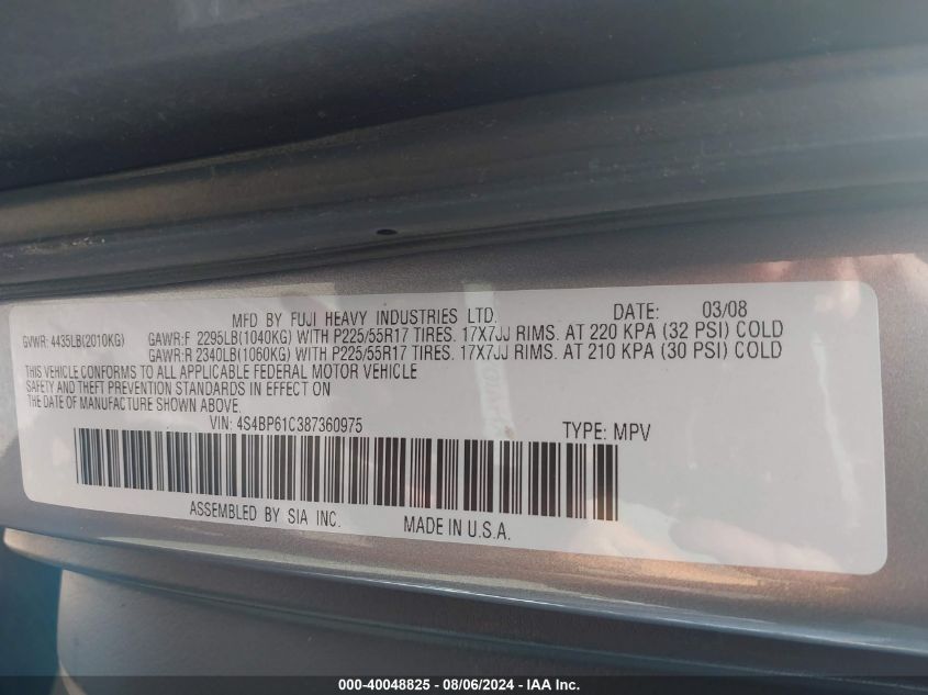 2008 Subaru Outback 2.5I/2.5I L.l. Bean Edition VIN: 4S4BP61C387360975 Lot: 40048825