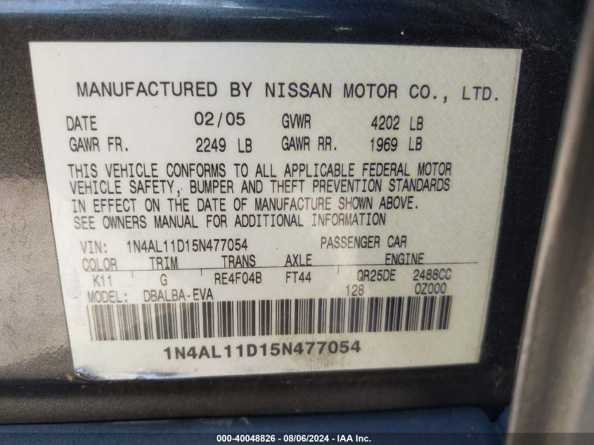2005 Nissan Altima 2.5 S VIN: 1N4AL11D15N477054 Lot: 40048826