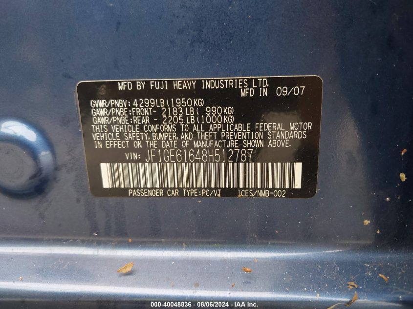 2008 Subaru Impreza 2.5I VIN: JF1GE61648H512787 Lot: 40048836