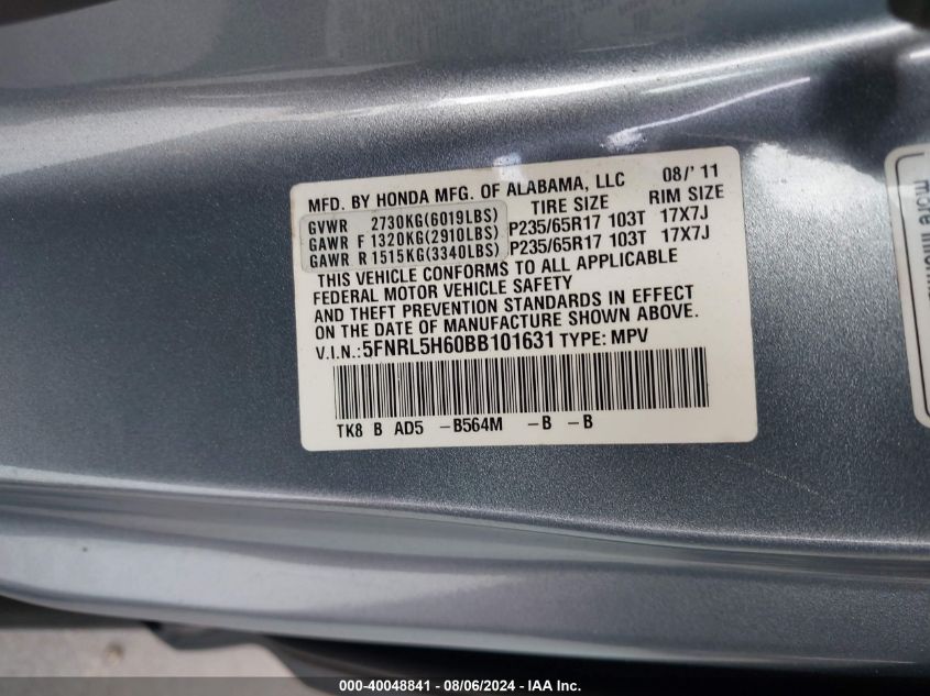 2011 Honda Odyssey Ex-L VIN: 5FNRL5H60BB101631 Lot: 40048841