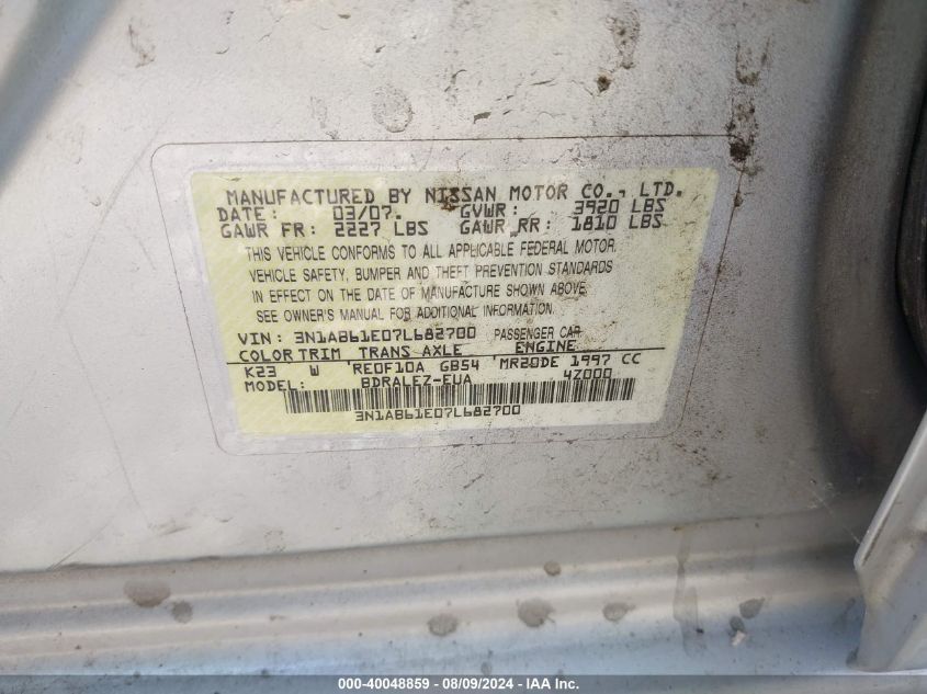 2007 Nissan Sentra VIN: 3N1AB61E07682700 Lot: 40048859